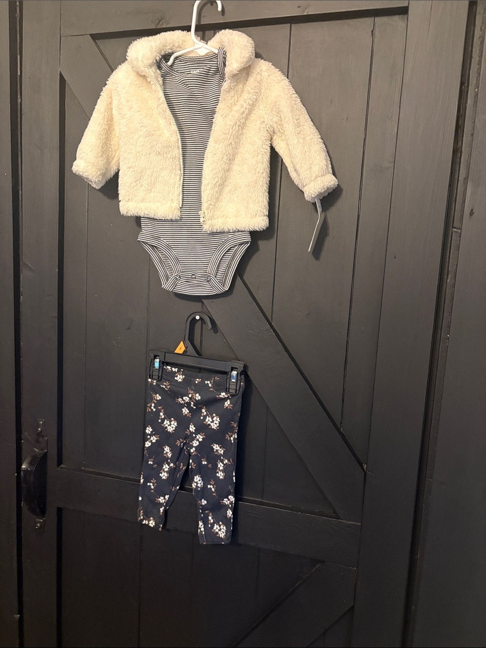 Carter's Cream Sherpa Jacket with Navy Floral Leggings and Striped Bodysuit